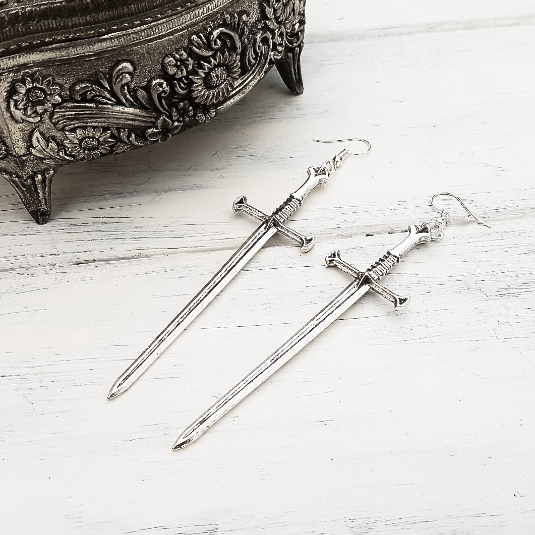 Silver Tone Sword Earrings