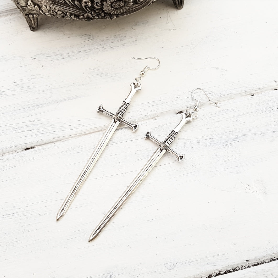 Silver Tone Sword Earrings