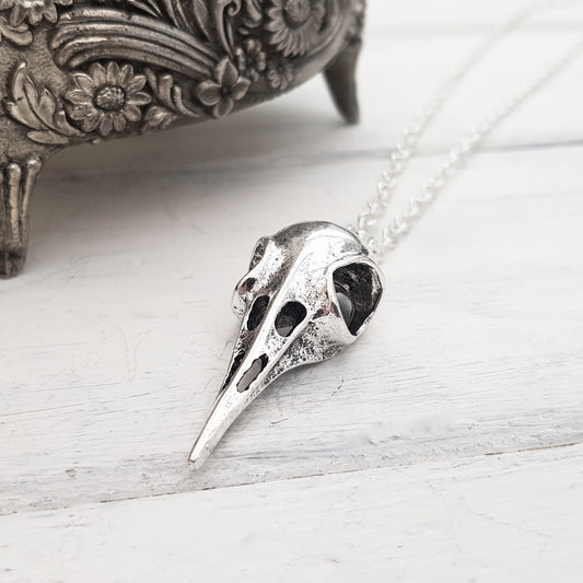 Silver Tone Crow Skull Pendant Necklace